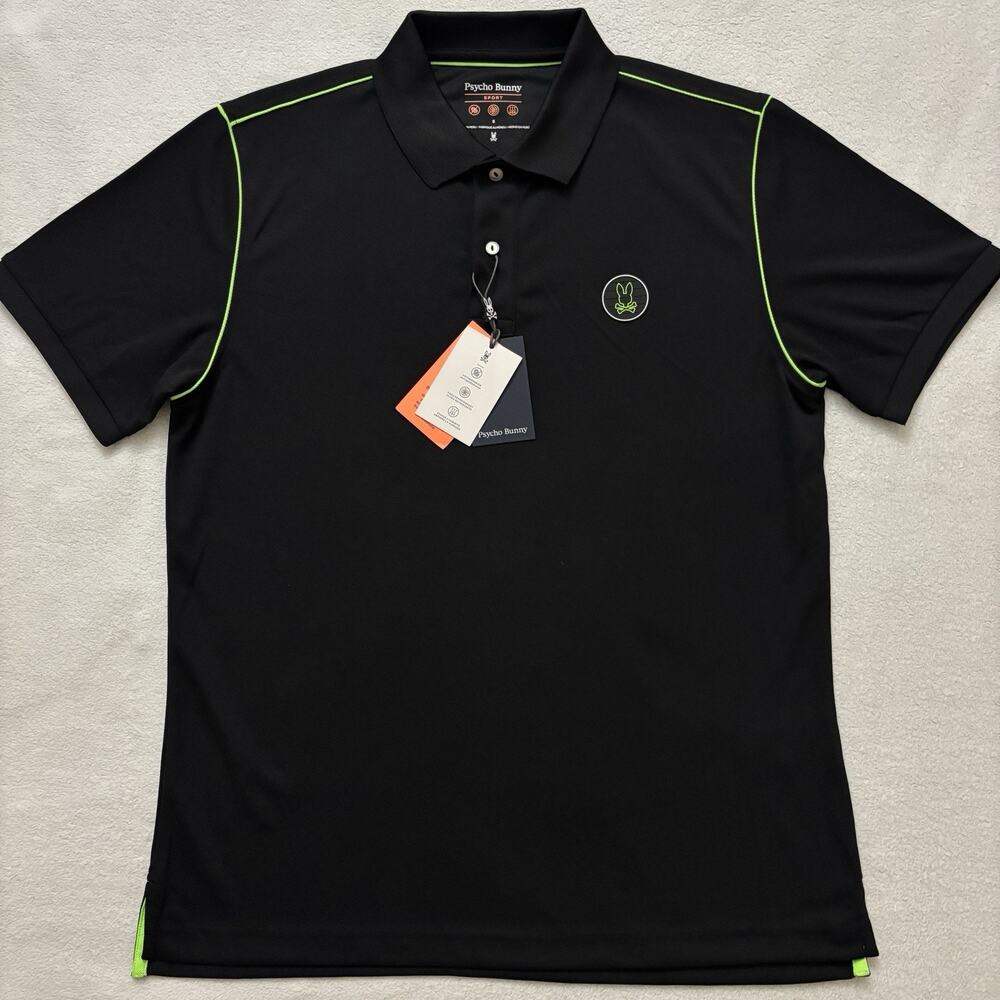 Psycho Bunny Black Green Polo Shirt Men’s Short Sleeve Bunny Logo Size 7 - XL